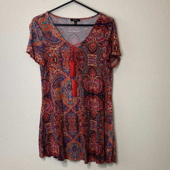 Cupio Tops - Boho Multicolor V-Neck Short Sleeve Top Blouse Tunic Tassels Large